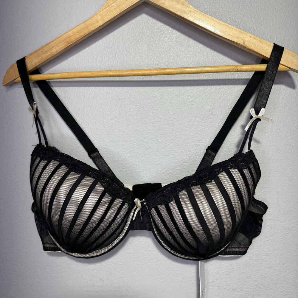 Honey B Bra 40D Underwire Black & Nude Stripe Mesh Lace Detail Sexy NWT